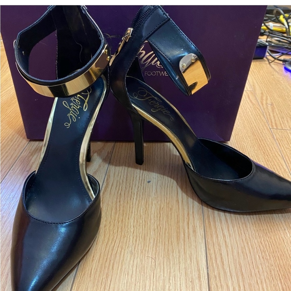 Fergie Black and Gold Ankle Strap Heels